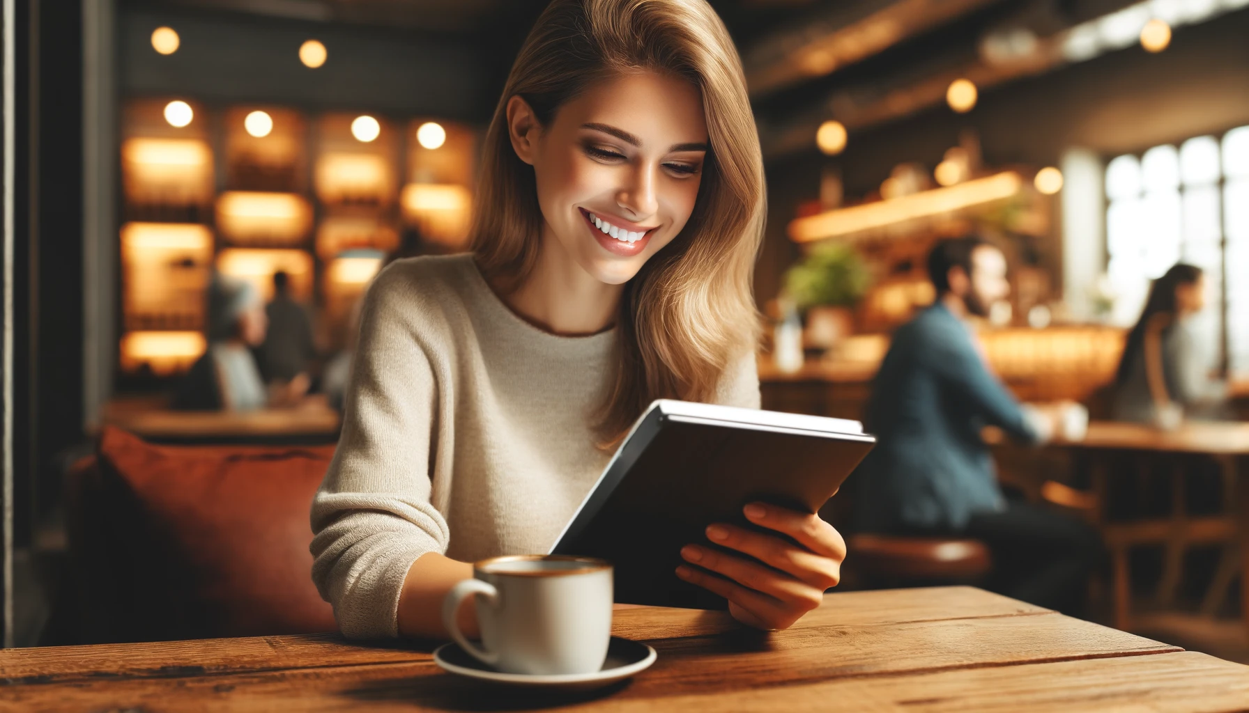 a smiling woman reading an electronic book in a modern cafe. 