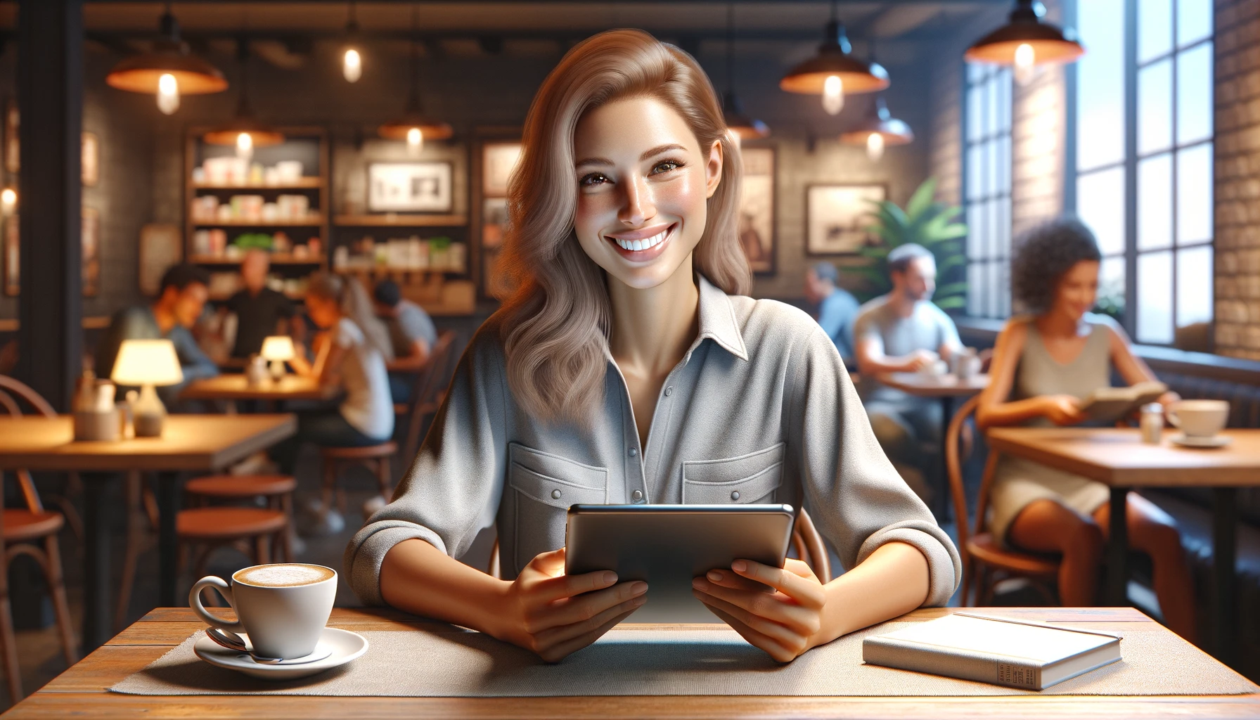  a smiling woman reading an electronic book in a modern cafe. 