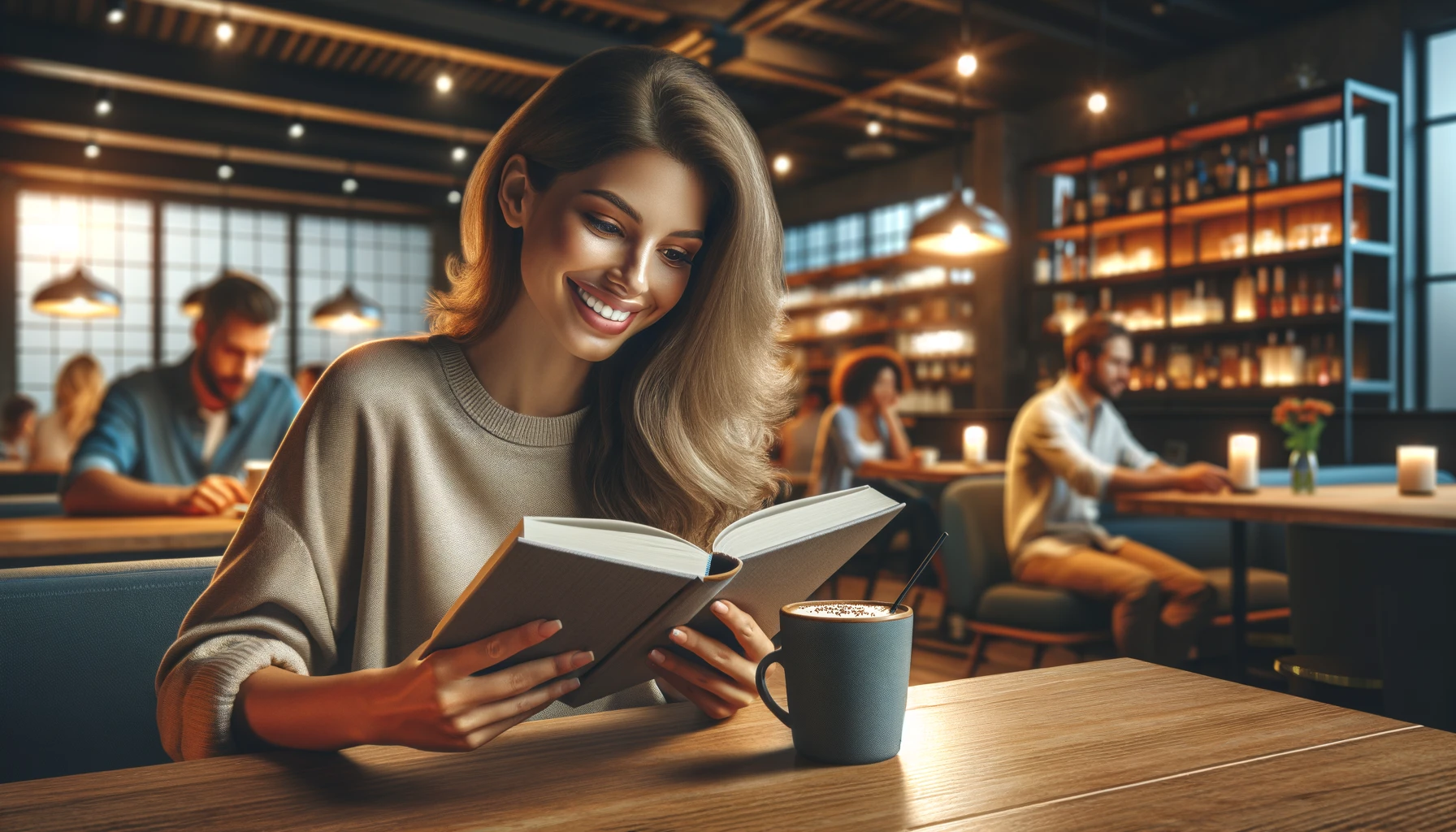 a smiling woman reading a book in a modern cafe.