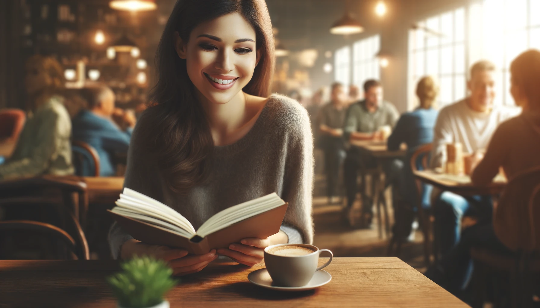  a smiling woman reading a book in a modern cafe.