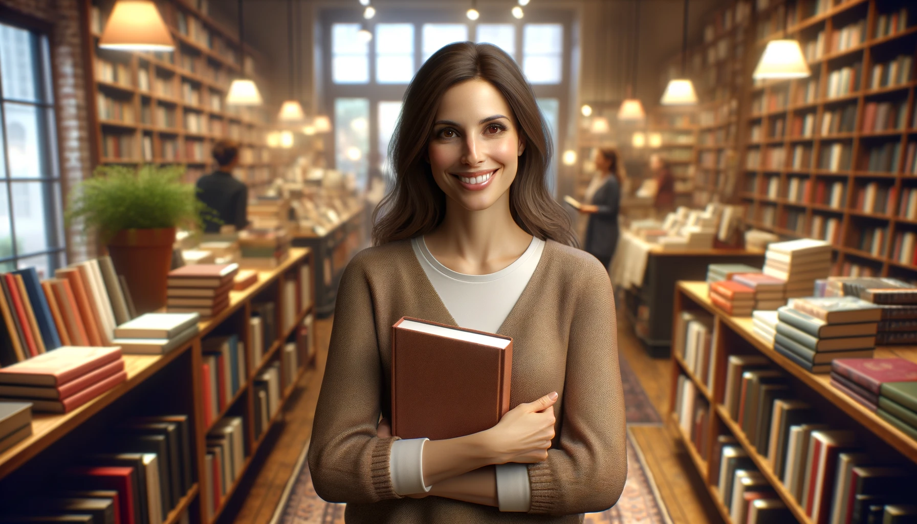 a smiling woman in a bookshop. 