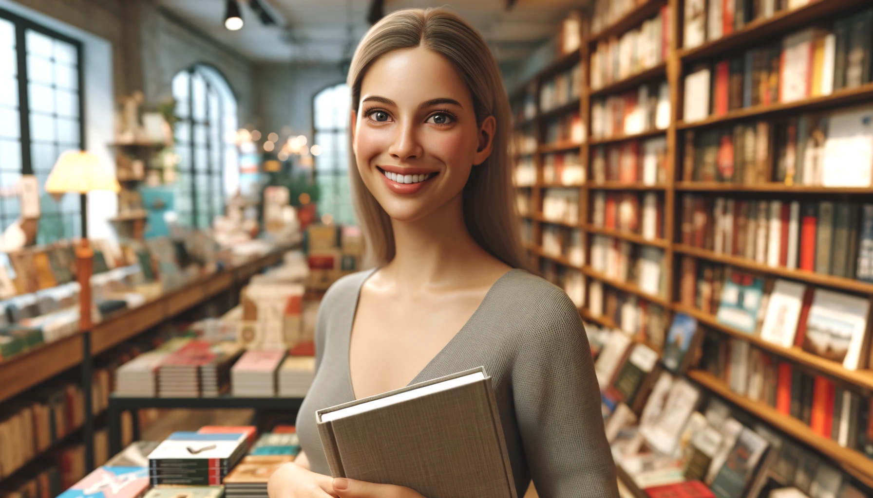 a smiling blonde woman in a bookshop. 