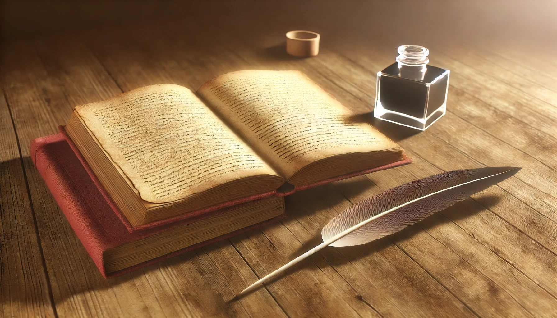A historical book is resting on a wooden desk, accompanied by a quill and an ink bottle. 