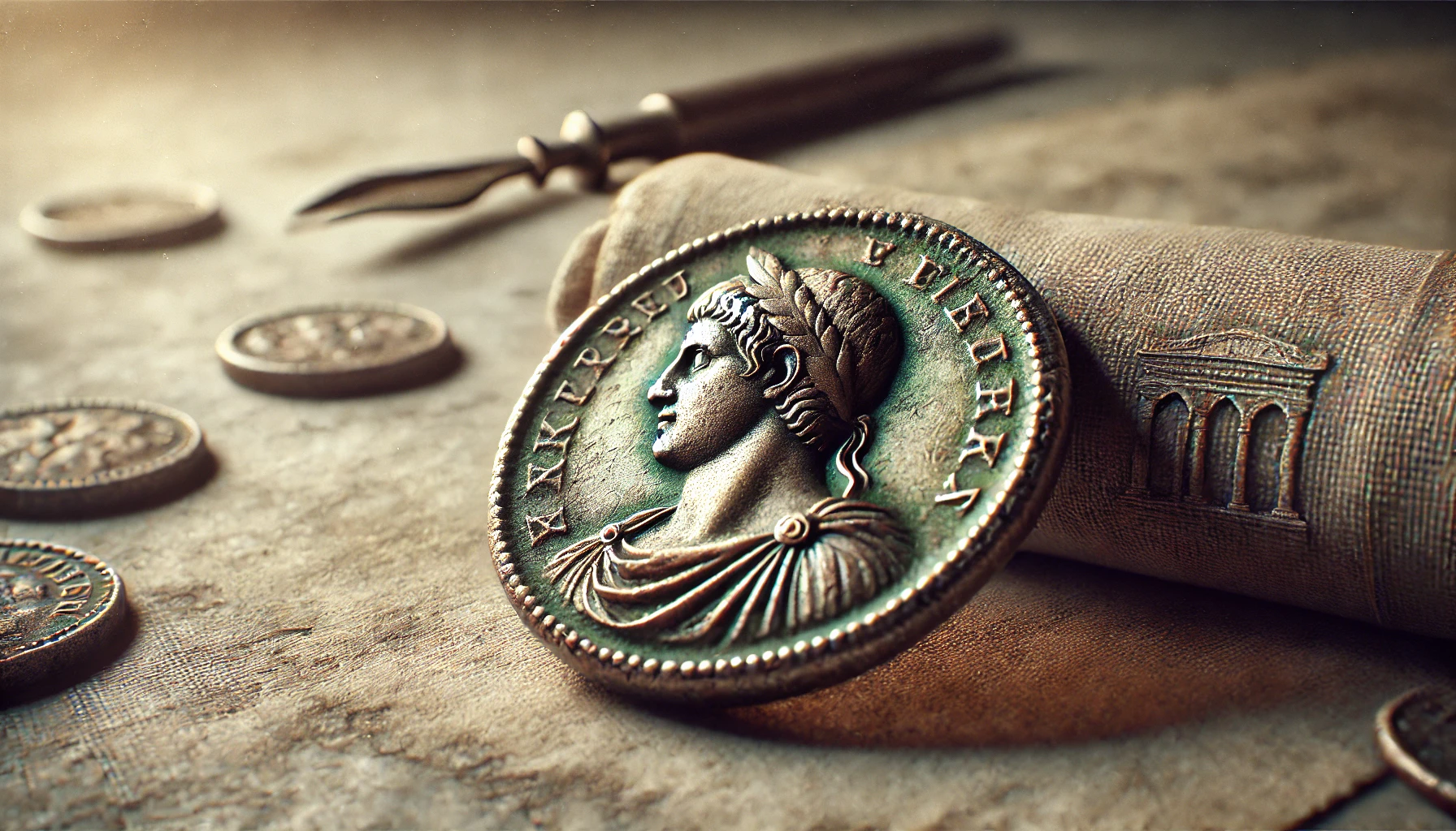 A Roman or medieval coin placed on a textured surface, with intricate details of an emperor or historical figure engraved on it. 
