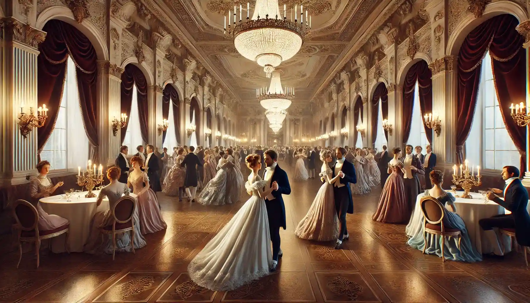 a grand Regency-era ballroom during an elegant evening gala.