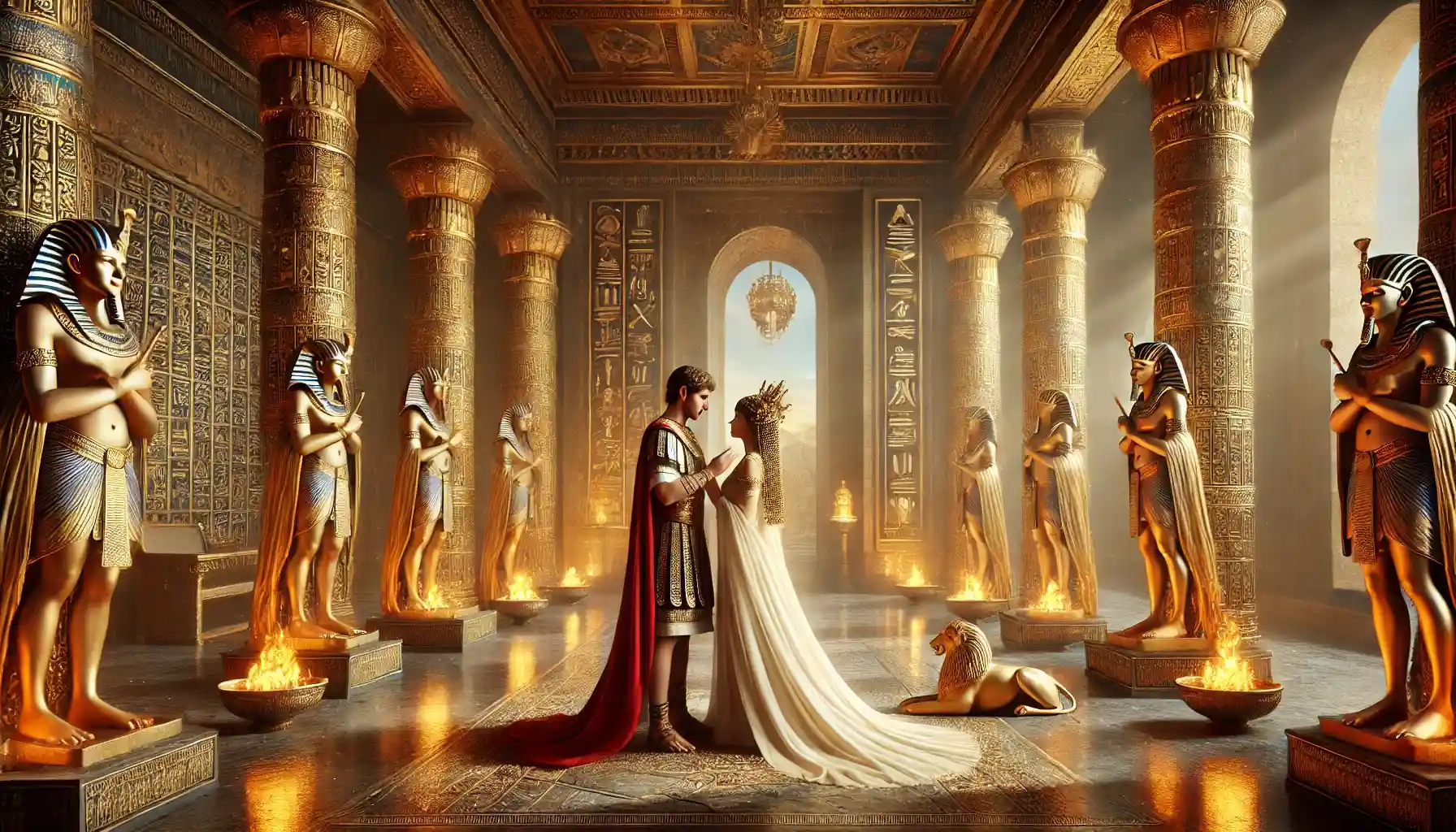 a grand historical setting inspired by ancient Egypt, featuring Cleopatra and Mark Antony in an intimate moment within a lavish palace.
