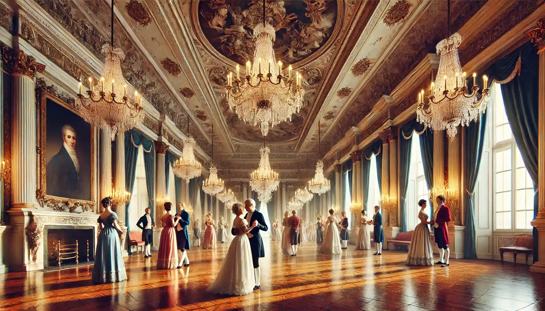 the elegance of a Regency-era ballroom, featuring chandeliers, ornate decor, and well-dressed figures in period attire engaging in a romantic dance.
