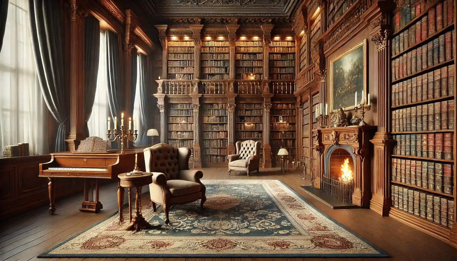 a Victorian-era library with towering wooden bookshelves filled with antique books, a cozy fireplace, and plush armchairs.