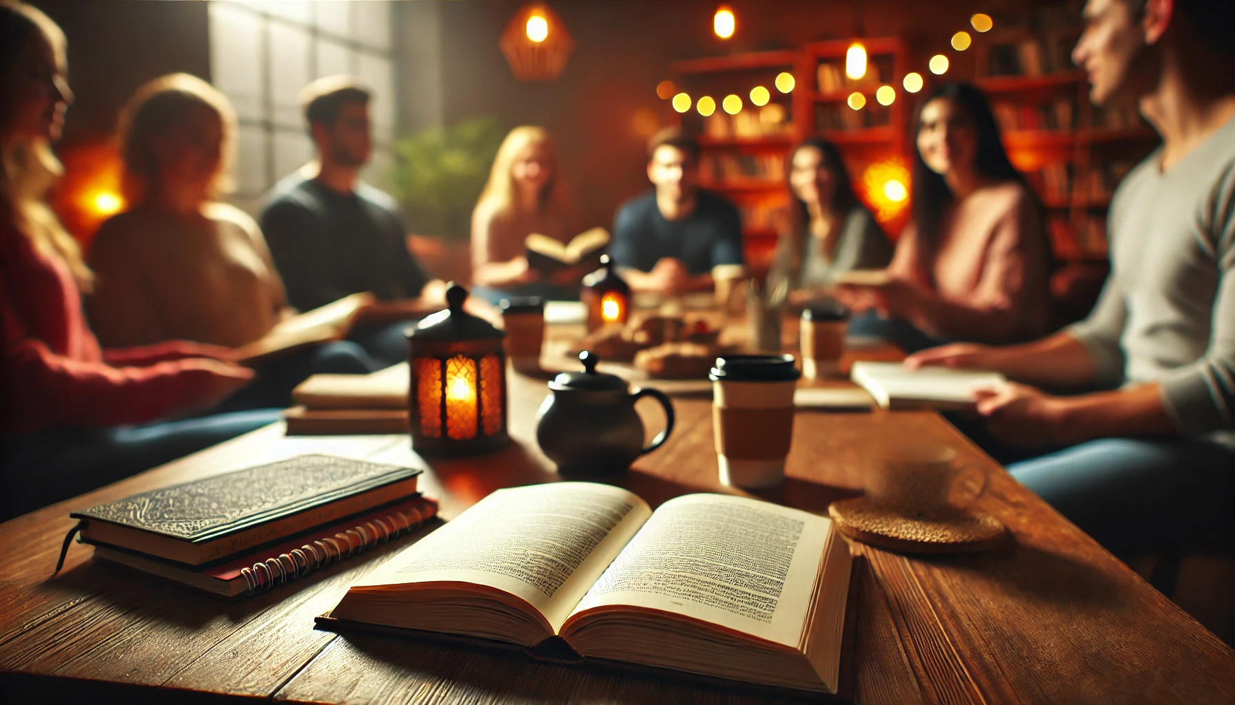 A cozy living room setting with a group of people blurred in the background, focusing on a book lying open on the table. The book is clearly visible with pages turned, surrounded by warm lighting, coffee cups, and notebooks.