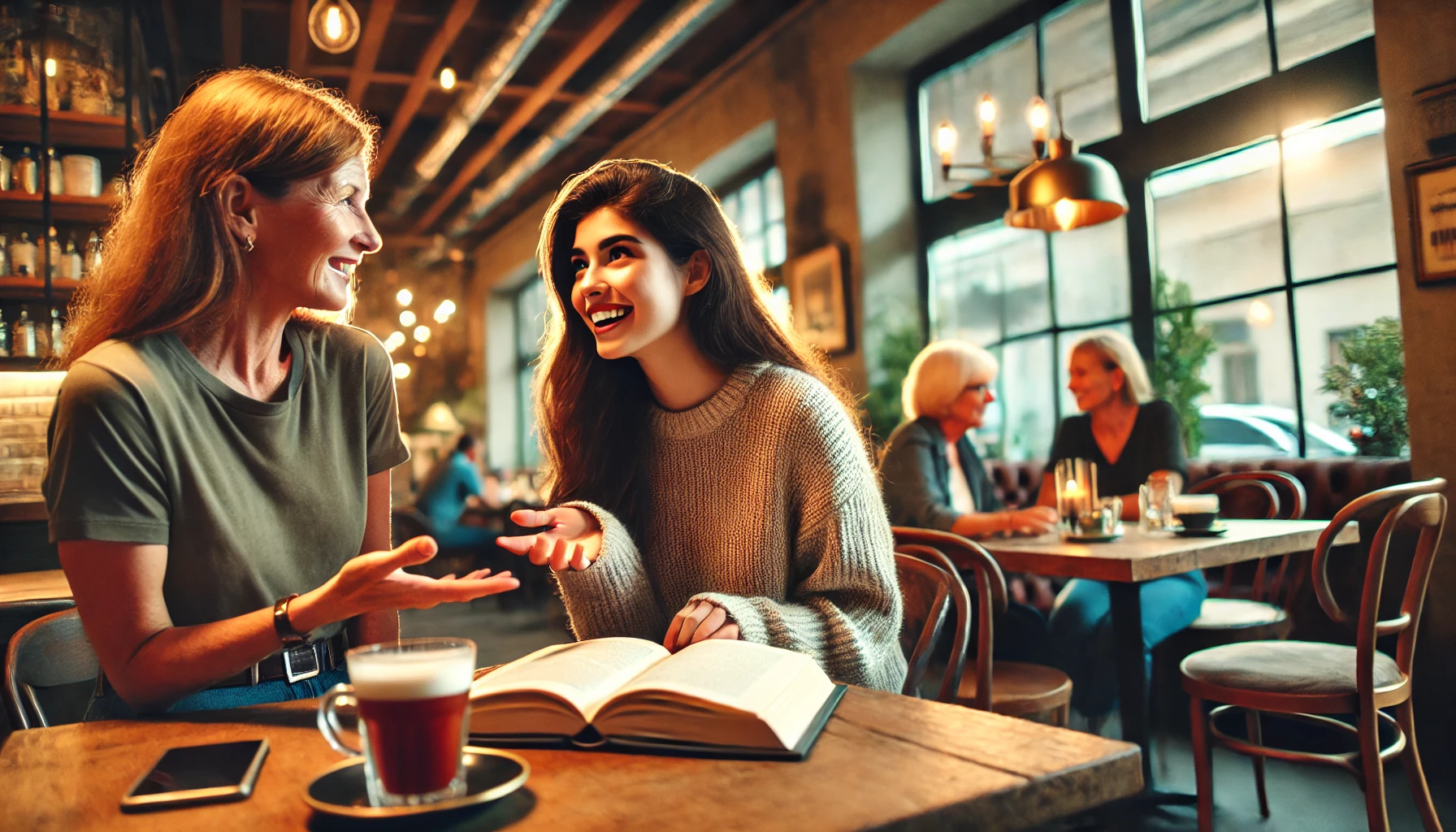 Two women in a cozy cafe, talking animatedly and discussing a book that lies open on the table near them. The background shows a few patrons enjoying their drinks. Both women are dressed casually, with one gesturing towards the book while the other listens attentively.