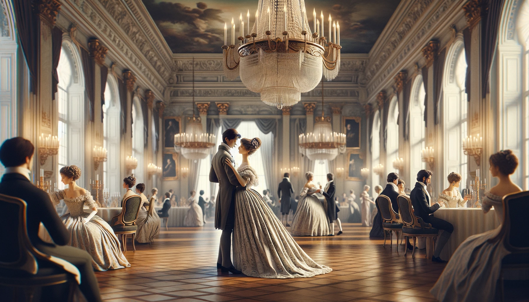 a romantic couple in a Regency-era ballroom. The setting is opulent with grand chandeliers, elegant decor, and period-appropriate attire.