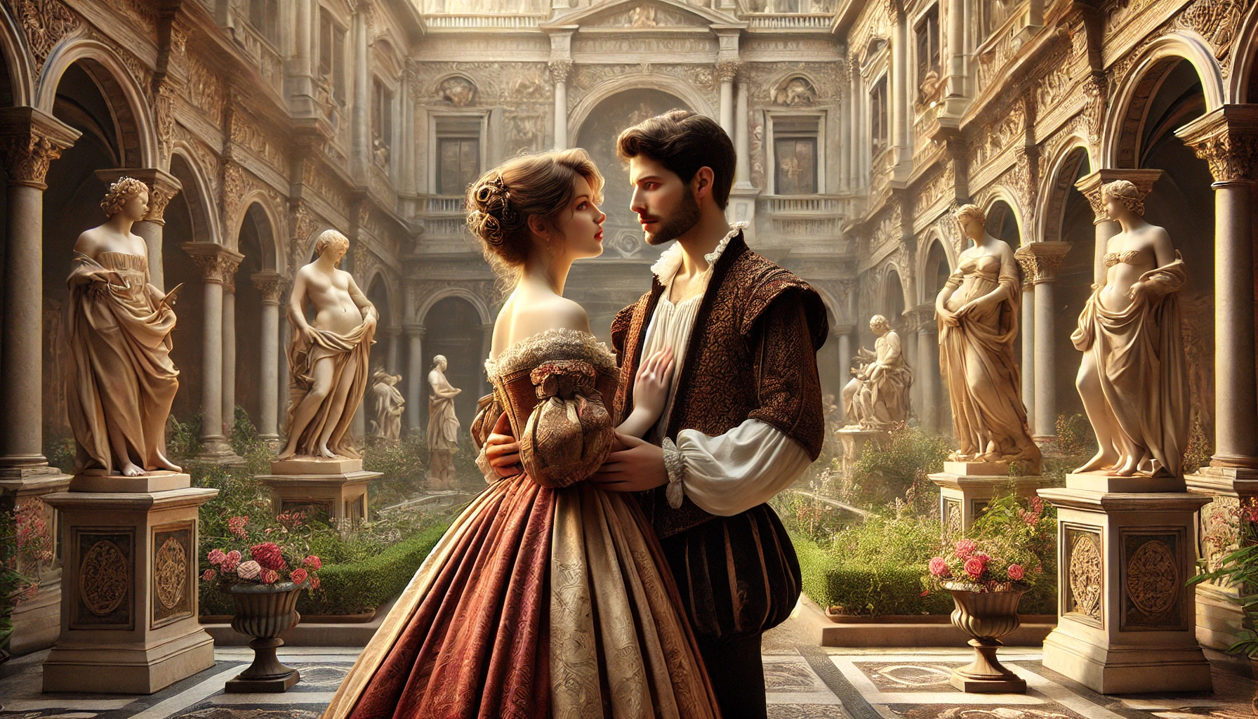 a romantic couple in a Renaissance setting. The couple is standing close, possibly sharing a tender moment, surrounded by the rich artistic and cultural elements of the Renaissance era.