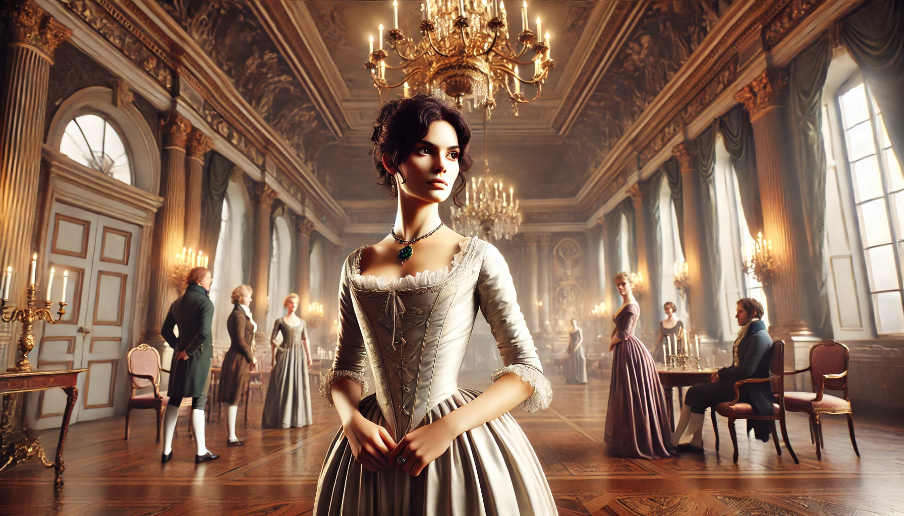  strong, empowered heroine in a Regency-era setting. The woman is dressed in an elegant Regency-style gown, standing confidently in a grand ballroom with elaborate chandeliers and richly decorated walls.