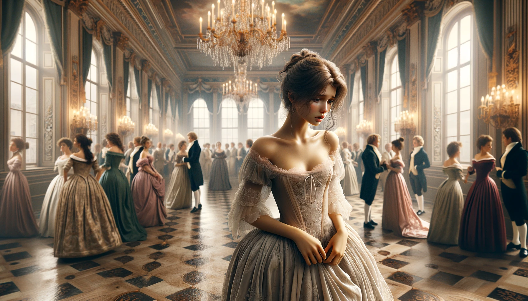 a  scene from a historical romance novel set in the 18th century, showcasing a damsel in distress archetype. The setting is a lavish, opulent ballroom filled with people in period-appropriate attire.