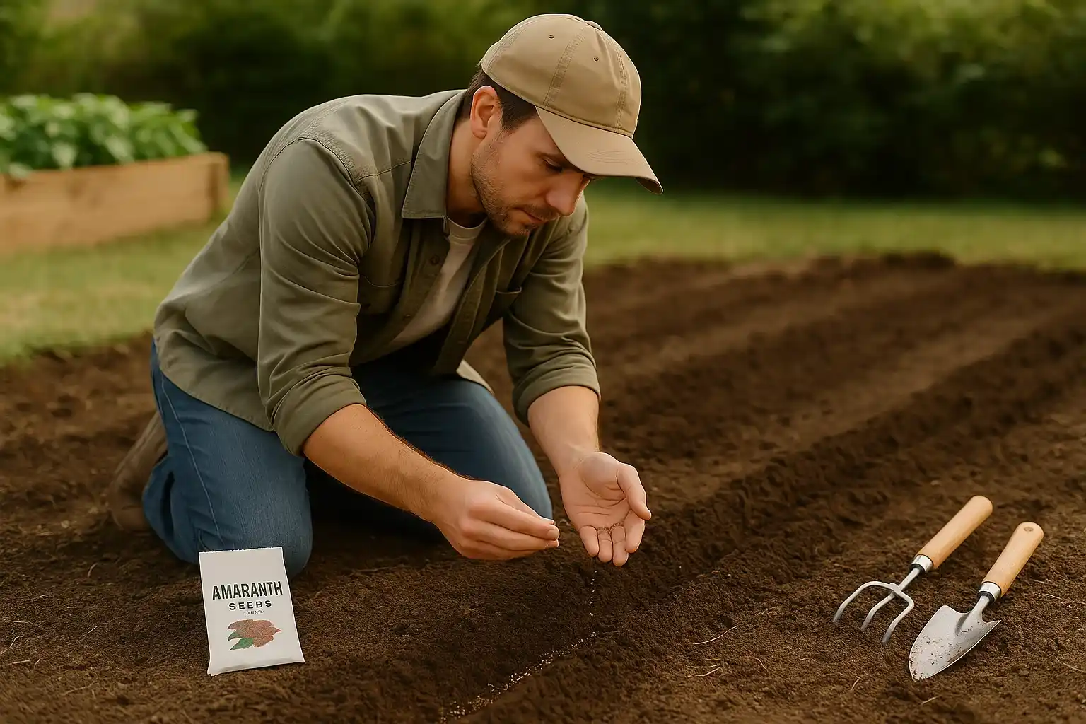 A man kneels in the garden planting amaranth seeds, with a seed packet and gardening tools nearby.