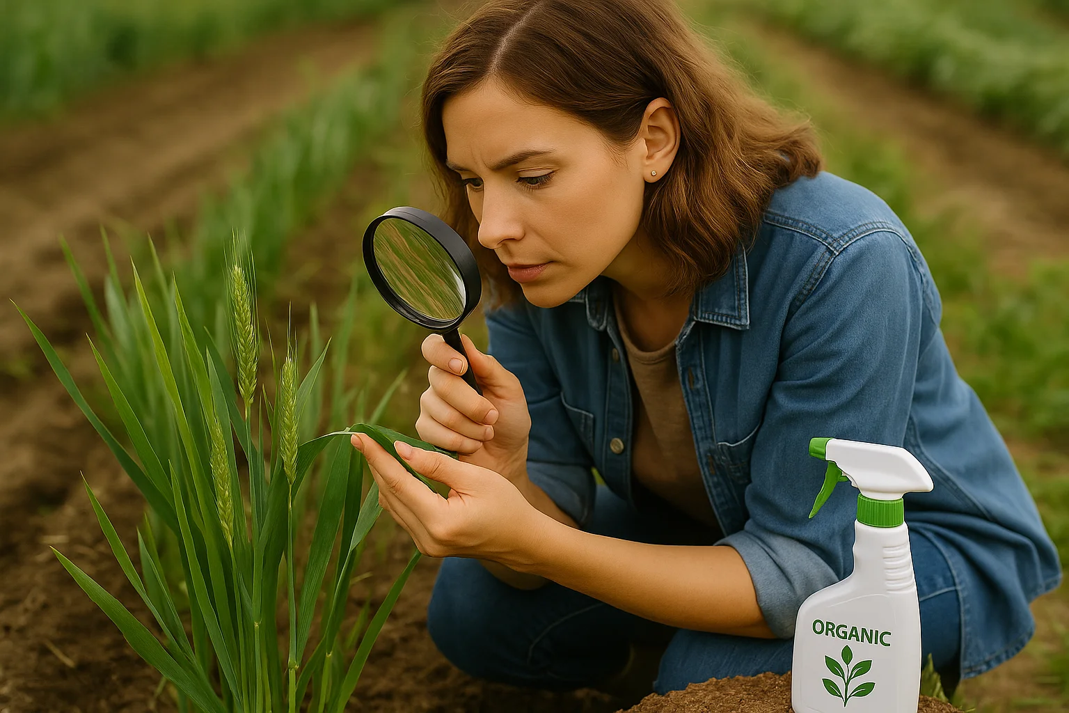 A woman examines kamut leaves with a magnifying glass for pests, holding an organic plant spray beside her.