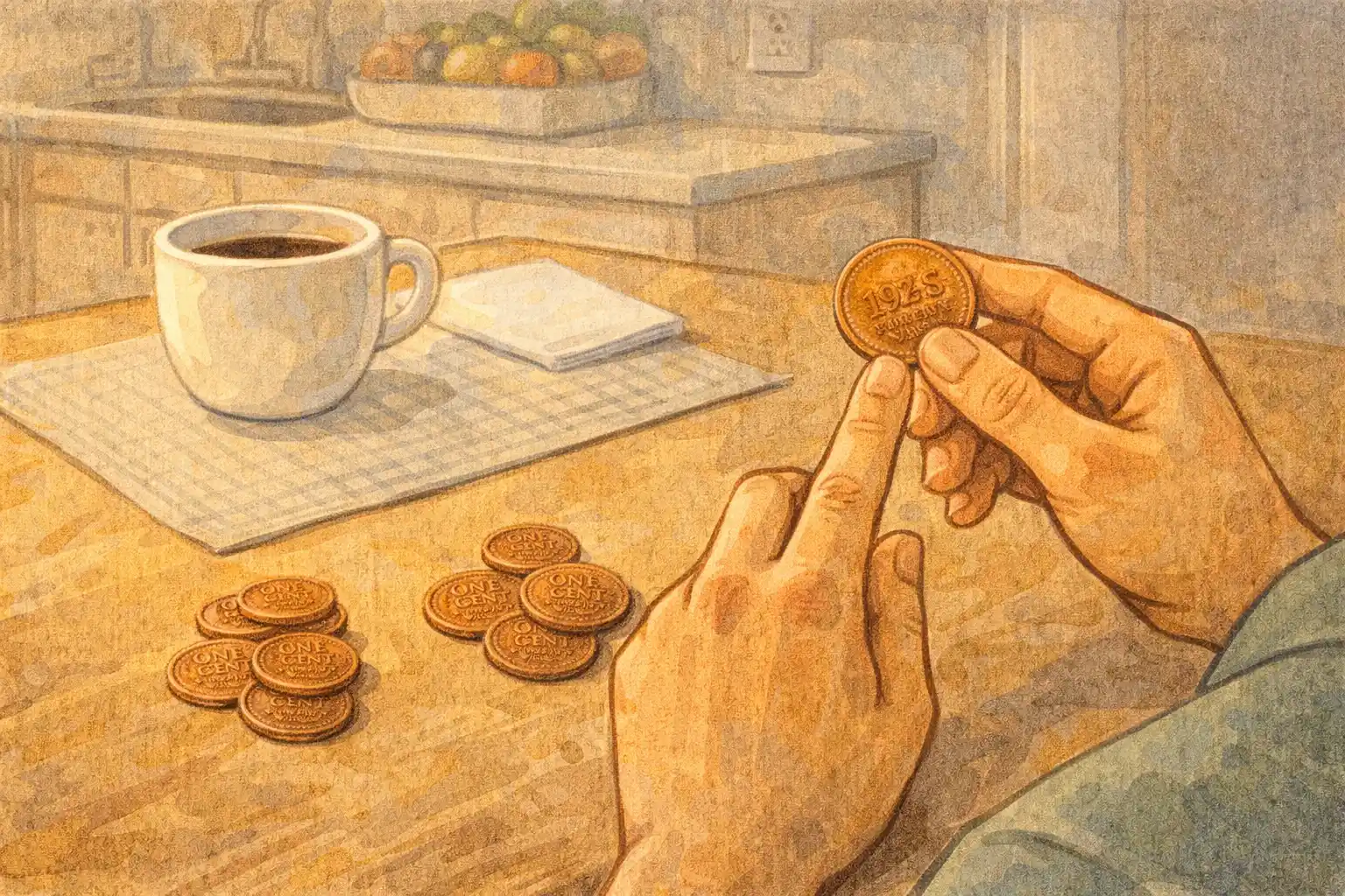  A collector sorts Lincoln wheat pennies in groups at home.