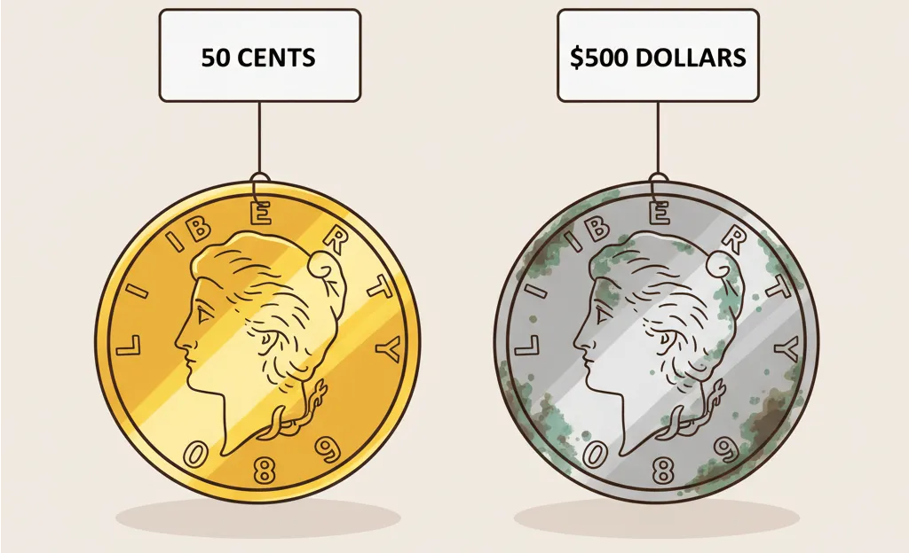 a shiny coin with a tag worth 50 cents and a coin with a patina worth 500 dollars